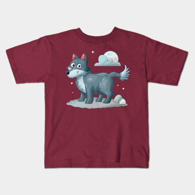 Hand Drawn Cartoon Wolf Kids T-Shirt by Mako Design 